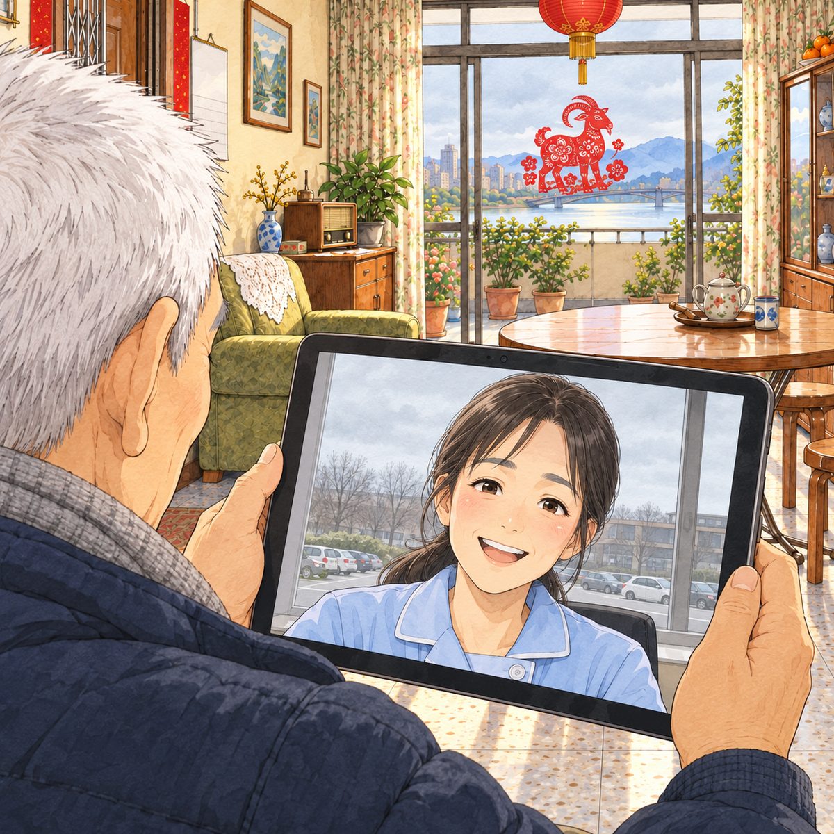 Afternoon. Over Grandpa's shoulder we see the tablet screen, facing him: a video call showing a kind Chinese nurse in her forties in a pale blue uniform, smiling warmly, and behind her a clean room with a window onto a grey car park under a grey sky; drawn in simple manga style, NO words or signs. Grandpa's white crew cut and shoulder at the left edge. The grey sky in the call's window is the quiet area.
