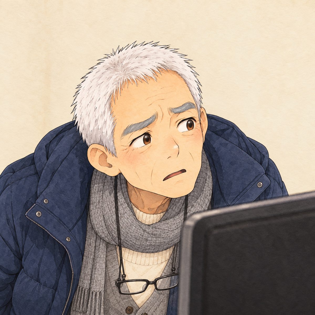 Afternoon, flat grey light. Grandpa leans close to the screen (its glow on his face) and cranes his neck as if to see round the edge of it, searching, his brows knitted, lost. His face in the middle of the panel, NOT in the top quarter. Plain wall behind.