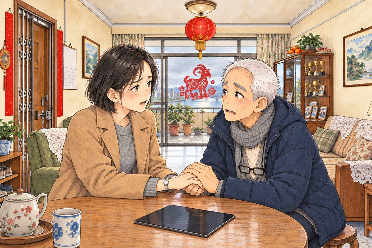Afternoon, flat grey light. The call is over and the tablet lies dark on the table. Grandpa turns to Mama (left) and takes her hand in both of his, his face small and frightened like a lost child. Mama looks at him, stricken, her mouth open, no words. The plain wall above is the quiet area.