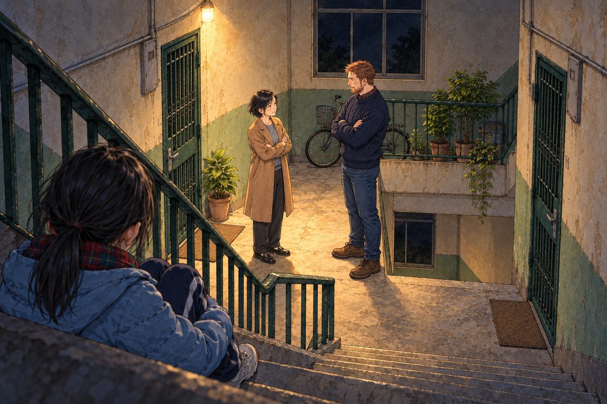 Night, the stairwell lit only by the warm stair lamp on the fourth-floor landing; the high window black. On the landing below, by Grandpa's dark green security gate, Mama (left, coat pulled tight) and Papa (right, in his jumper) face each other a step apart, arms folded, voices low. In the near foreground Xiaoyu sits hugging her knees on a step of the flight above in the shadow, only her back, ponytail and one ear in view, listening. The dark stair wall above is the quiet area.