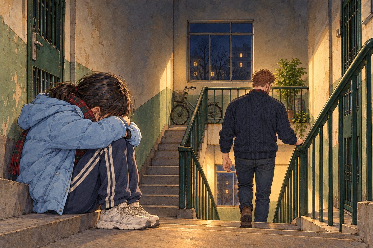 Night, the warm stair lamp. Papa goes down the stairs away from the landing, his big back to us, one hand on the rail, not looking back; Mama is off panel. In the near foreground at the left edge, Xiaoyu on her step presses her forehead to her knees, her face hidden. The dark stair wall above is the quiet area.