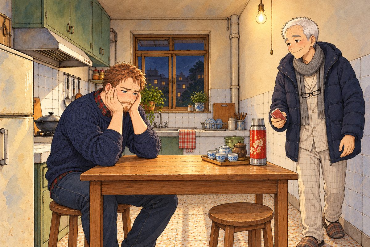 Later the same night, the tiny kitchen lit only by its bare bulb. Papa sits alone at the small wooden table, elbows on it, his head in his big hands. Grandpa shuffles in from the right in his padded coat over his pyjamas and cloth slippers, the red-backed deck already in his hand, sleepy and gentle. The tiled wall above is the quiet area.