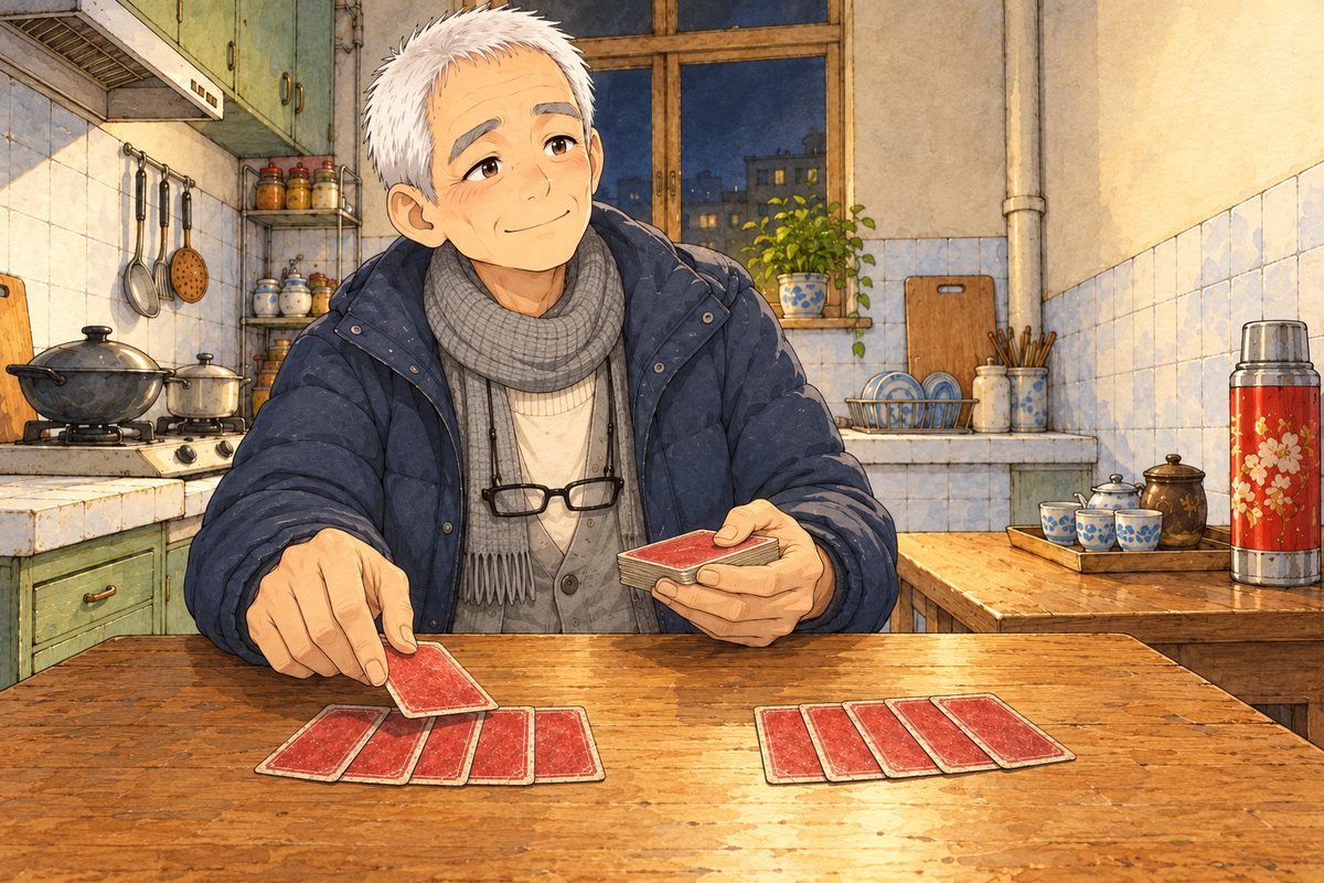 Late night, the bare bulb. Grandpa, now seated, deals five cards each onto the table without a word, red backs up, his big hands slow and sure; his face above them is calm and kind, looking RIGHT at Papa off panel. The cards are the clearest thing.