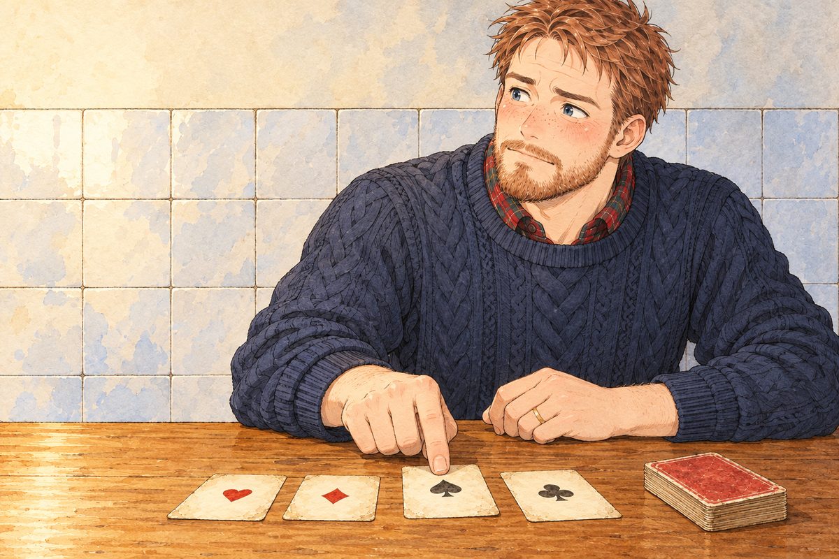 Late night, the bare bulb. Papa lays his last card face up on the trick with one finger, slowly, unsure, his eyes on Grandpa's face off panel to the LEFT. The card is the clearest thing. Plain tiled wall behind.