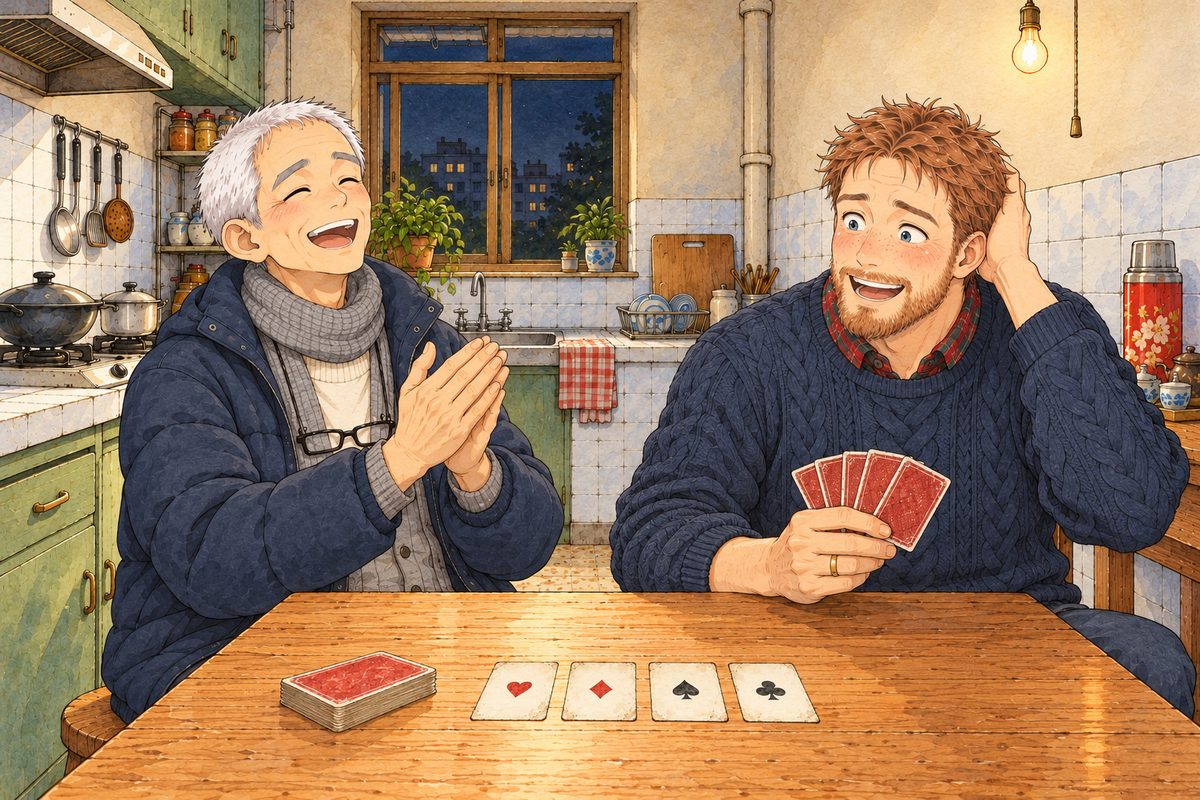 Late night, the bare bulb. Grandpa throws back his head and claps his big hands together, laughing with joy; Papa (right) looks from the cards to Grandpa, slowly realising he has won, his face opening into a disbelieving grin. Glasses on the cord at Grandpa's chest. The tiled wall above is the quiet area.
