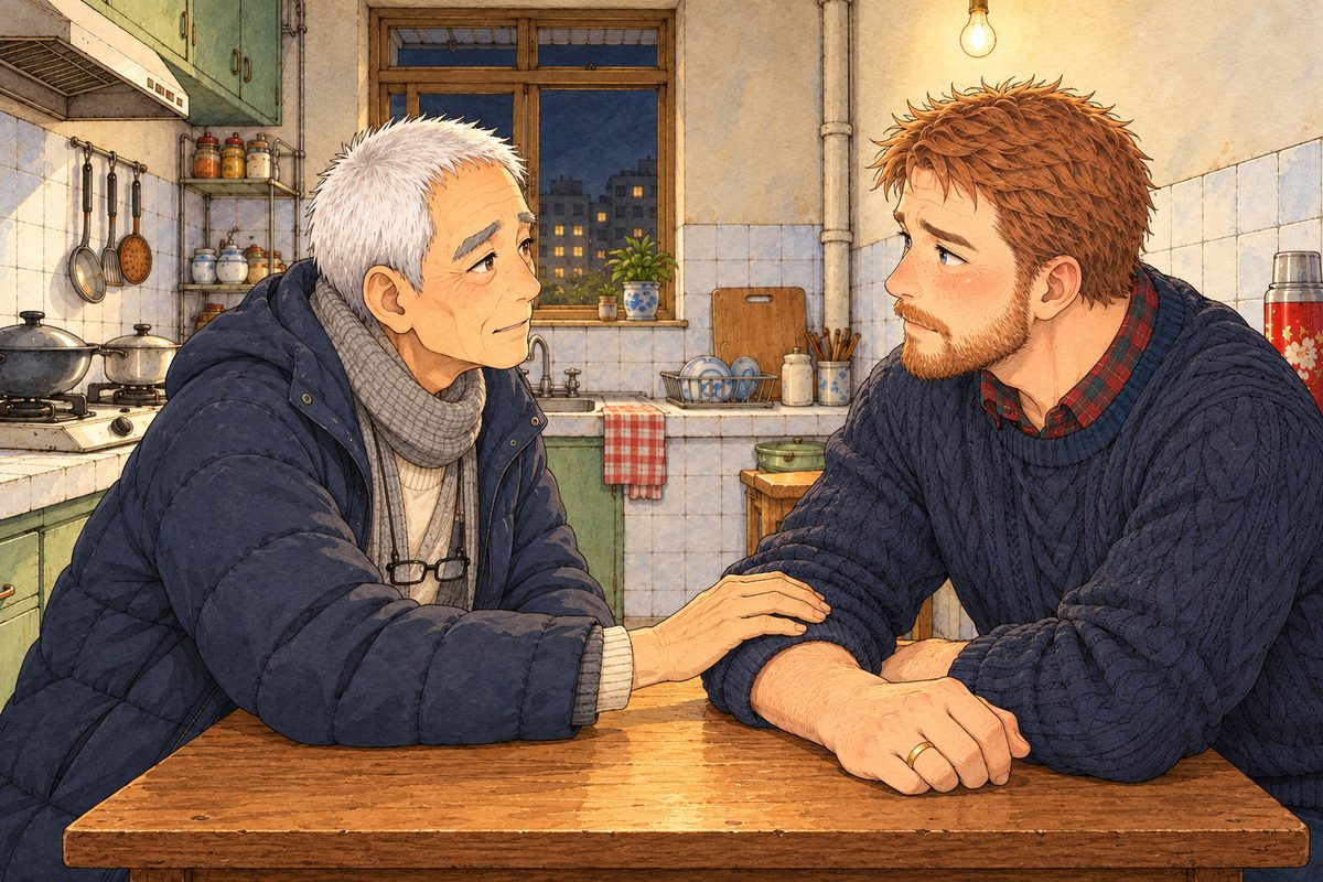 Late night, the bare bulb. Grandpa leans across the little table and lays his big hand on Papa's big forearm, serious now, looking him straight in the eye. Papa looks back, not understanding the words, understanding that they matter. Two clear outlines. The tiled wall above them is the quiet area.