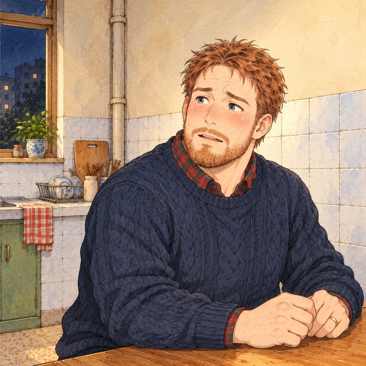 Late night, the bare bulb. Papa turns in his seat and looks LEFT towards the kitchen doorway, where he has seen Xiaoyu; his face asks for help. The plain tiled wall behind.