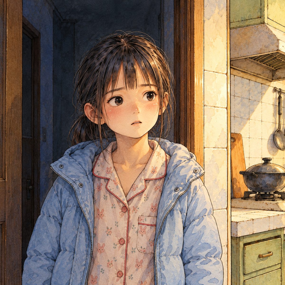 Late night. Xiaoyu stands in the kitchen doorway in pyjamas and her sky-blue jacket, half her face in the bare bulb's light and half in the hallway's dark; her eyes are wide, and she is still, holding a choice. The dark hallway behind her is the quiet area.