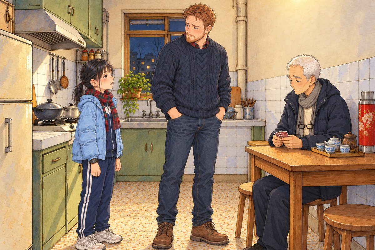 Late night, the bare bulb. Xiaoyu has stepped into the kitchen and speaks to Papa, steady, though her eyes are wet. Papa listens to her, then turns his head slowly towards Grandpa. Grandpa sits quietly with the cards squared in his hands. The tiled wall above is the quiet area.