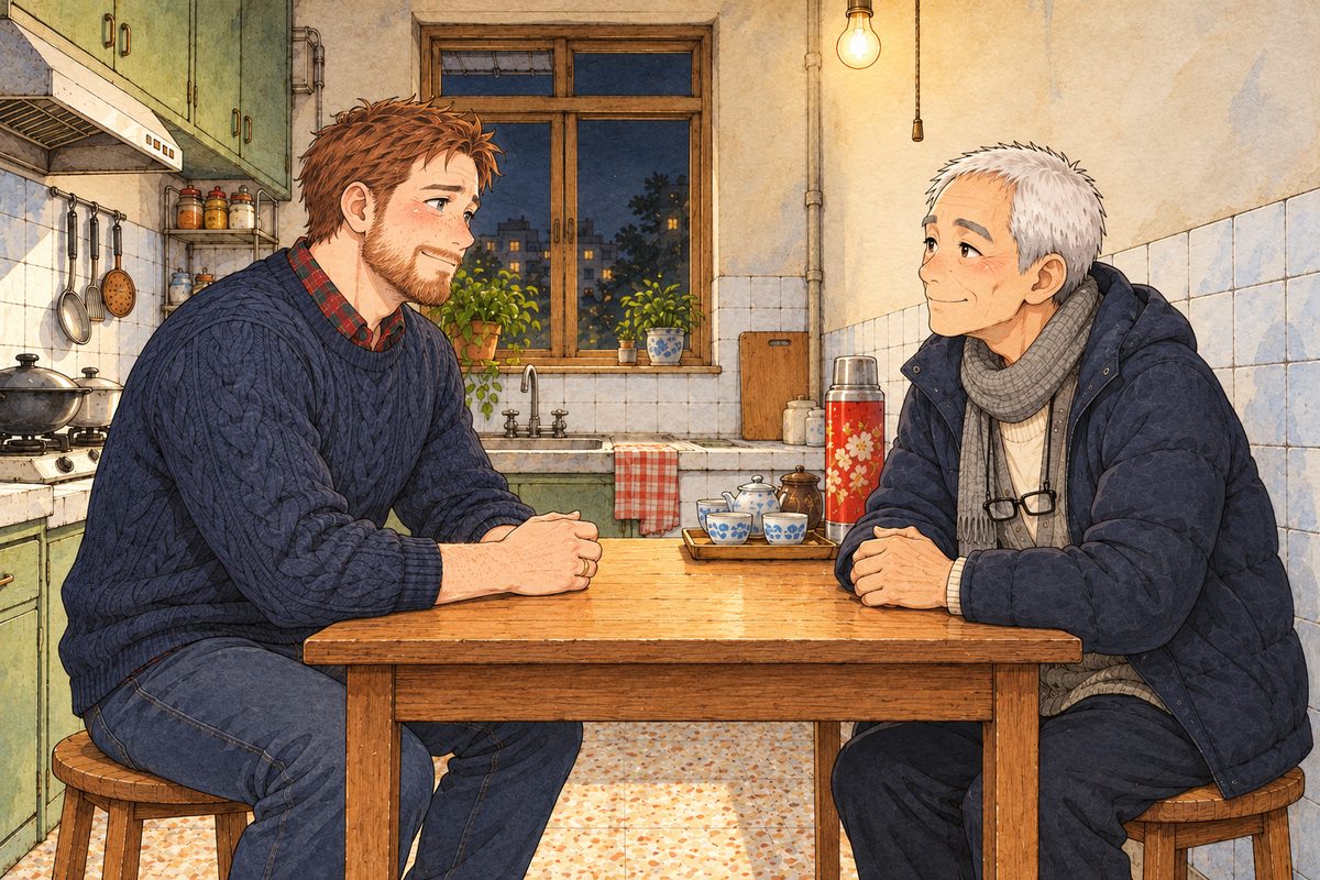 Late night, the bare bulb. Papa and Grandpa look at each other across the little table and each gives one small, slow nod, a handshake without hands. Papa's eyes are wet; Grandpa's mouth is a small firm smile. The tiled wall above is the quiet area.