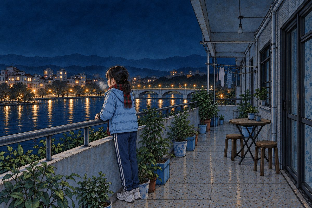 Very late at night on Grandpa's balcony, cold, the only light the soft orange street lights along the river and the faint lamps on the old bridge; the sky deep blue-black. Xiaoyu stands alone at the rail in her jacket, her breath white, seen from behind and a little to the side, looking out over the dark river towards where the park and its lake lie, a darker patch among the lights. The deep night sky is the quiet area.