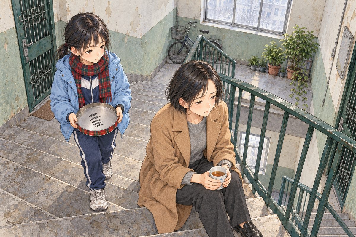 Early morning, cold grey light from the high stairwell window, the stair lamp off. Mama sits alone on a concrete step halfway down the flight in her camel coat, holding a cup of tea in both hands, staring at nothing. Xiaoyu comes down the steps behind her holding the upturned tartan lid. The grey window light above is the quiet area.