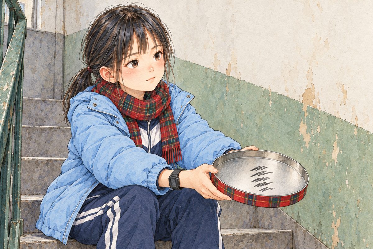 Early morning, grey window light. Xiaoyu, sitting one step above, holds out the upturned lid to Mama off panel to the RIGHT, its silver inside and its column of marker marks facing Mama, so we see the marks only at an angle. Her face is earnest and steady. Plain wall behind.