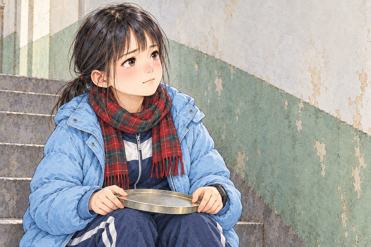 Early morning, grey window light. Xiaoyu lowers the lid to her knees and looks RIGHT at Mama, gentle and sure, her eyes wet. Plain wall behind.