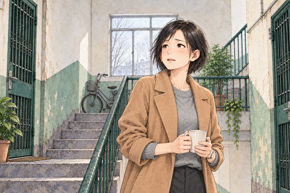 Early morning, grey window light. Mama turns and looks LEFT and up at Xiaoyu off panel, surprised and moved, as if seeing her daughter for the first time in months; her cup forgotten in her hands. The grey wall above is the quiet area.