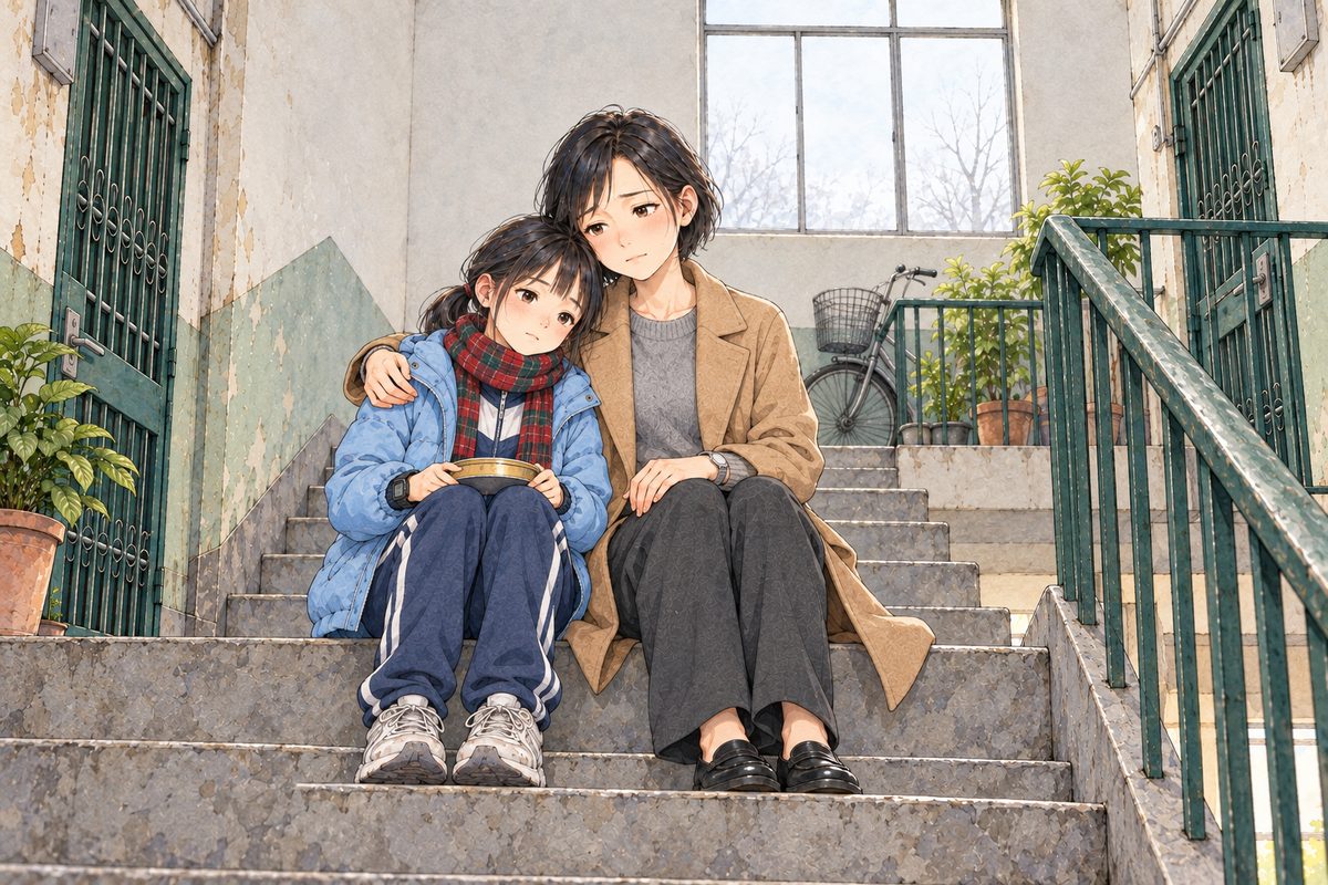Early morning, grey window light, a little brighter now. Xiaoyu has sat down beside Mama on the same step and leans her head on Mama's shoulder; Mama's arm goes round her. Both look down the stairs. The lid rests on Xiaoyu's knees. Two clear outlines. The grey wall and window above are the quiet area.