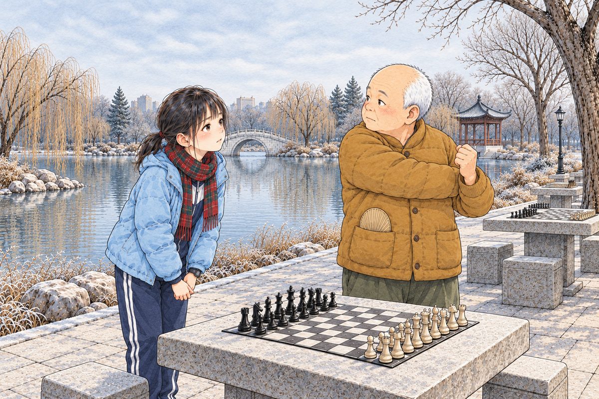 Early morning in the winter park, frost on the grass, bare willows, pale grey sky. Uncle Wu in his mustard padded jacket stands by a stone chess table mid-way through his morning arm swings; Xiaoyu stands in front of him, hands clasped, bowing a little, searching for each word, very serious. The pale grey sky is the quiet area. Only these two.