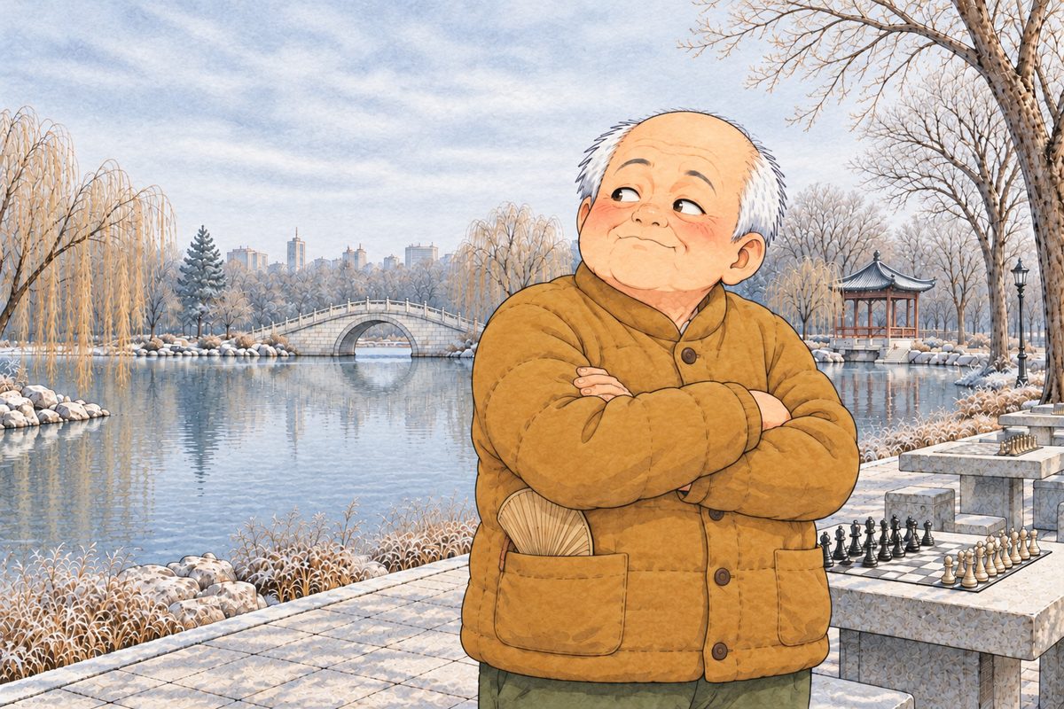 Early morning, frost, pale grey light. Uncle Wu folds his arms over his belly and looks LEFT at Xiaoyu with mock scorn, his eyes twinkling. Bare willow strands behind him. The pale sky is the quiet area.