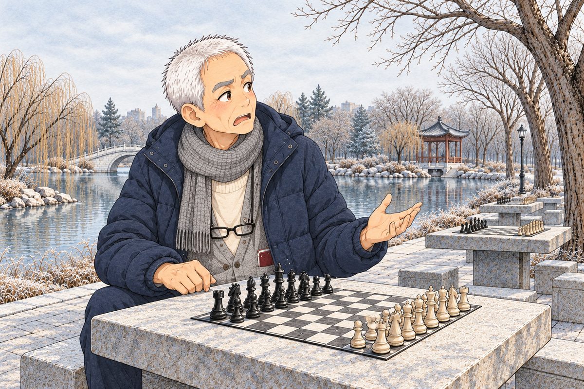 Early morning, frost, pale grey light. Grandpa, sitting at the stone chess table in his navy padded coat and grey scarf, the pieces set up on the 8 by 8 board, turns RIGHT towards Uncle Wu with exaggerated offence, eyebrows up. The pale sky is the quiet area.