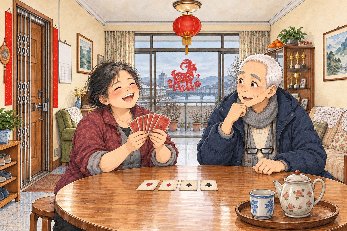 A week later, afternoon, grey daylight and the red lantern. Auntie Zhang, short and sturdy in her plum padded jacket with her sleeves pushed up, sits at the round table and fans her five cards with a delighted village laugh; Grandpa (right) looks at her across the table, surprised and pleased. The plain wall above is the quiet area.