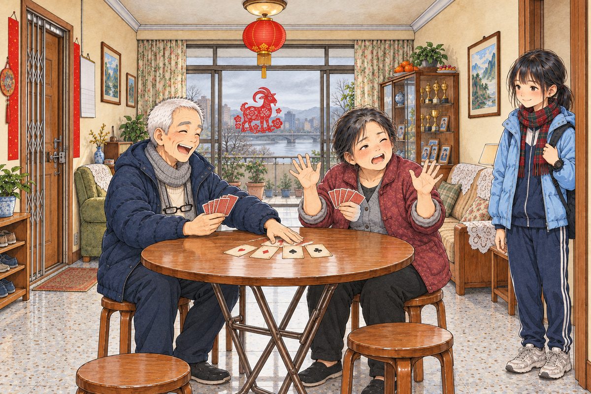 Another afternoon, grey daylight. Grandpa sweeps a trick towards himself, crowing; Auntie Zhang throws up her hands in loud dismay, but her eyes slide sideways to Xiaoyu in the doorway at the right with a tiny wink. Xiaoyu, school bag on her shoulder, smiles. The plain wall above is the quiet area.