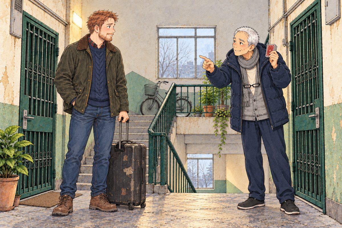 Early morning, 21 February, cold grey light from the high window and the warm stair lamp. Papa in his olive waxed jacket stands on the landing with his battered suitcase, ready to go. Grandpa in his doorway holds up the old red-backed deck in one hand, and with the other jabs a finger at Papa, mock stern. The plain wall above is the quiet area.