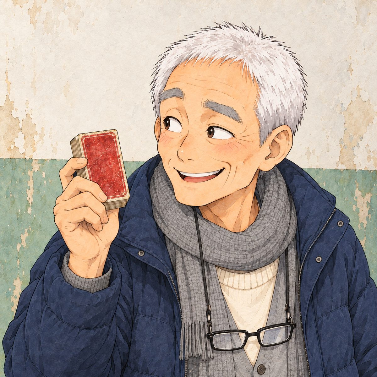 Early morning, grey window light. Grandpa holds the deck up beside his face like a challenge and looks LEFT at Papa, grinning. Plain wall behind.