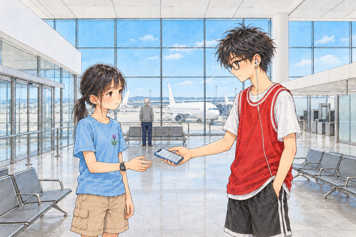 SUMMER, July 2027, NOT winter: late morning, bright summer daylight pouring through the tall glass wall, everyone in summer clothes. In the foreground Xiaoyu in her faded blue thistle t-shirt and Haoran in his red basketball vest face each other; Haoran holds out her sky-blue phone to her. Far behind them, small, Grandpa in his grey cardigan stands at the glass wall looking out at the white planes. The bright white ceiling is the quiet area.