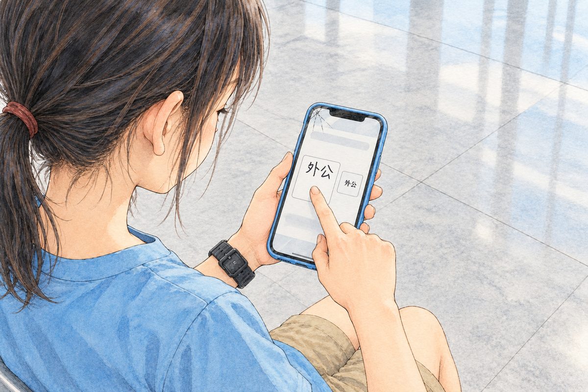 SUMMER, late morning, bright daylight. Over Xiaoyu's shoulder we see her phone in her left hand, screen facing her, her black watch on her LEFT wrist; her right forefinger rests on a pale writing square, with an answer box beside it, both EMPTY, no marks at all (the real characters are lettered in afterwards). The pale floor beyond is the quiet area.