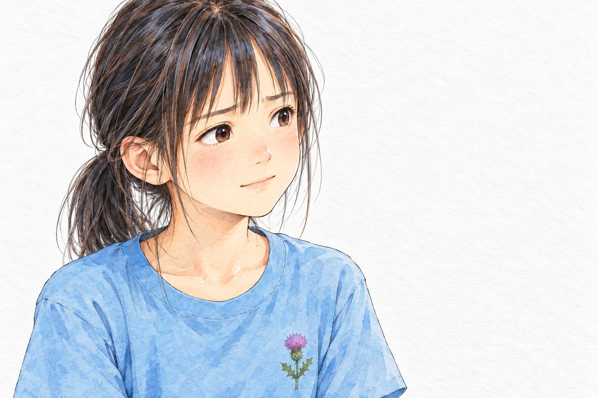 SUMMER, bright daylight. Xiaoyu's laugh fades; she looks RIGHT at Haoran, half teasing, half sad. Plain white wall behind.