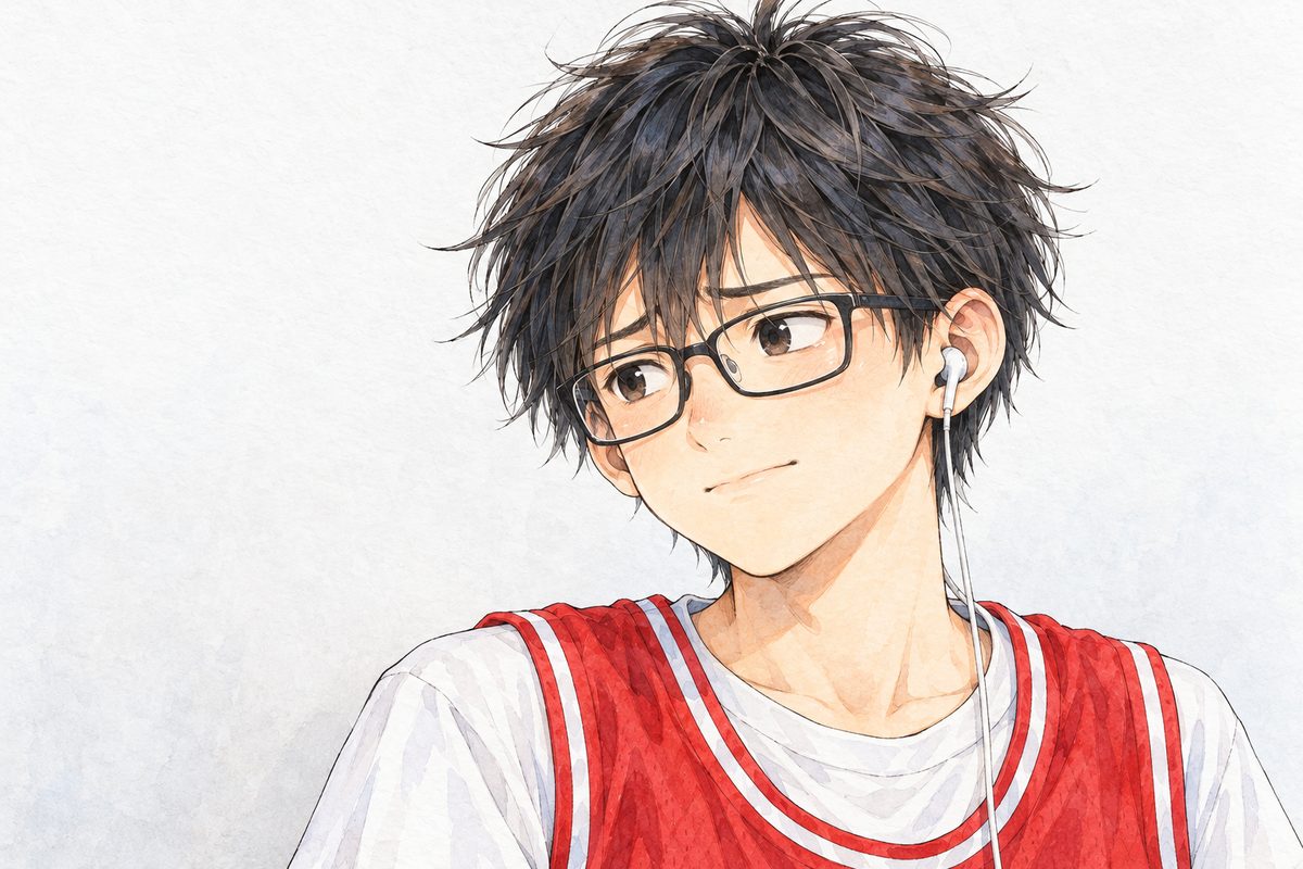 SUMMER, bright daylight. Haoran looks LEFT at Xiaoyu, his single wired earbud in his LEFT ear (on the viewer's right), his grin crooked and sad behind his square glasses. Plain white wall behind.