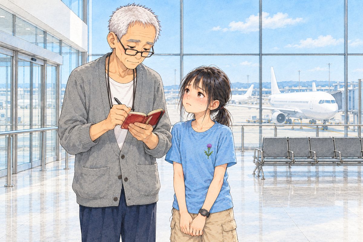 SUMMER, late morning, bright daylight through the glass wall, white planes outside. Grandpa in his grey cardigan writes slowly in his small dark red notebook, holding it close so the page faces HIM, glasses on his nose; Xiaoyu beside him watches his face, her eyes wet. The bright sky beyond the glass is the quiet area.
