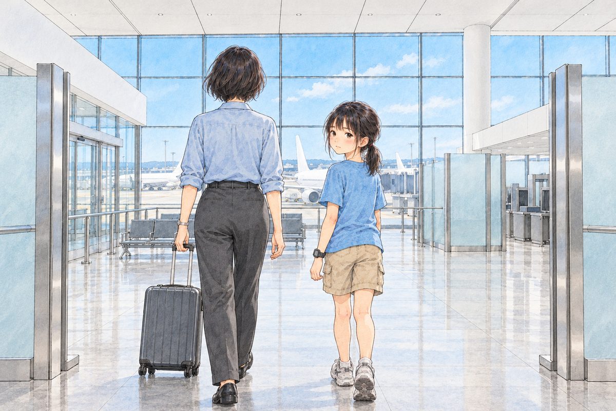 SUMMER, July 2027, NOT winter: late morning, bright even light. At the gap in the frosted glass screen into security, Mama (left, in her pale blue blouse) walks on with a small suitcase, and Xiaoyu (right) stops and turns to look back over her shoulder across the hall. The white ceiling is the quiet area.