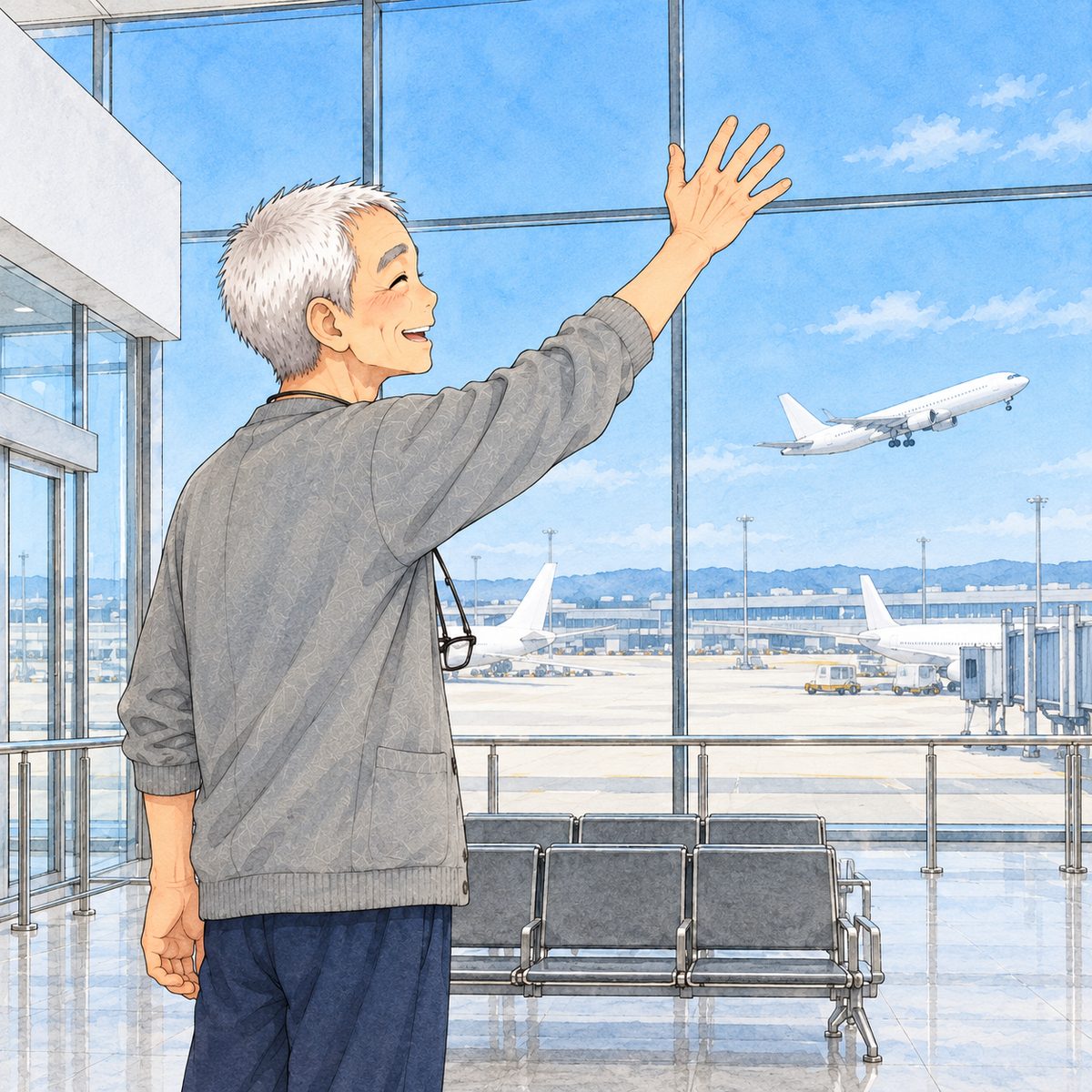 SUMMER, bright daylight through the glass. Grandpa stands at the tall glass wall and waves one big arm high and wide, smiling with his whole face, looking OUT through the glass at a white plane lifting off the runway outside, NOT back towards us. The bright sky beyond is the quiet area.