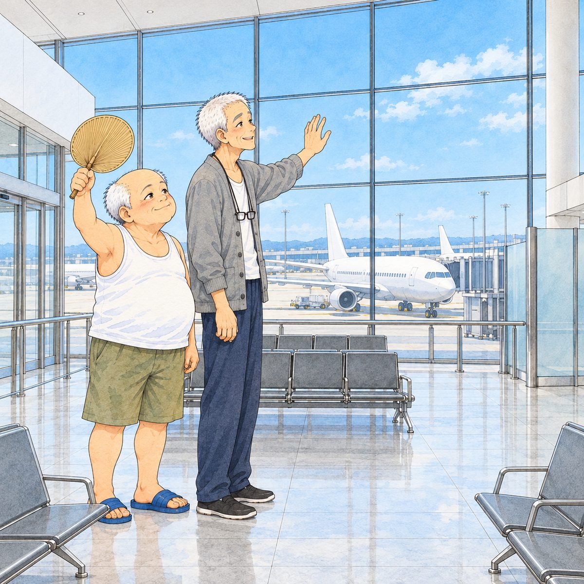 SUMMER, bright daylight through the glass. Uncle Wu in his white vest, beside Grandpa, has looked from the plane to Grandpa's happy face; now he lifts his own palm-leaf fan high and waves it at the same plane, steady and kind. Grandpa waves on, smiling. The bright sky beyond the glass is the quiet area.