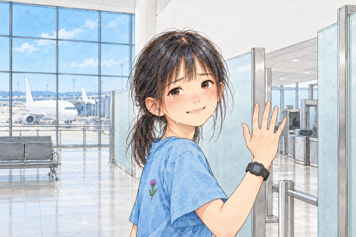 SUMMER, bright even light. Xiaoyu at the gap in the frosted glass raises her hand and waves back across the hall at Grandpa, who does not see her; tears run down her cheeks and she is smiling. Her black watch on her LEFT wrist. The white wall above her is the quiet area.