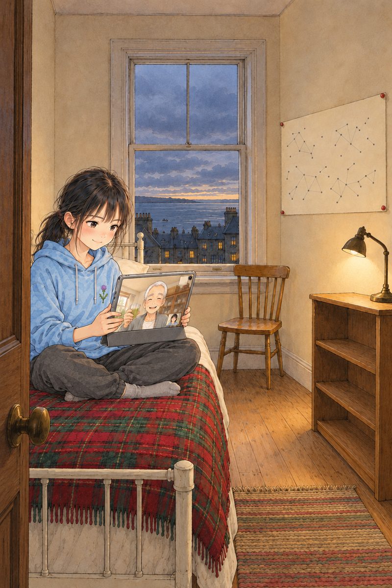 THIS PANEL IS IN EDINBURGH, SCOTLAND, NOT Bridge City: grey stone tenements and slate roofs by the grey North Sea, nothing Chinese outside the window. Dusk in Edinburgh in autumn, the last grey-blue light over the sea in the tall sash window, the reading lamp on the shelf already on and warm. Xiaoyu, thirteen, in her faded sky-blue hoodie, sits cross-legged on the tartan blanket of the single bed, turned three-quarters to us, holding the silver tablet in its grey cover up in both hands with its screen towards HER, so WE see only the plain grey back of its cover; the screen's warm glow lights her face from below, and she smiles at Grandpa on it, whom we do not see. Her black watch on her LEFT wrist (the viewer's right). On the cream wall to the right of the window, the big cream sheet of her word map, pinned with four red pins, covered in pencil dots and faint lines with blank spaces beside them, NO letters. Xiaoyu's face is the focal point, lit from below by the screen, quiet and glad. The dim wall and ceiling above the window are the quiet area for the title.