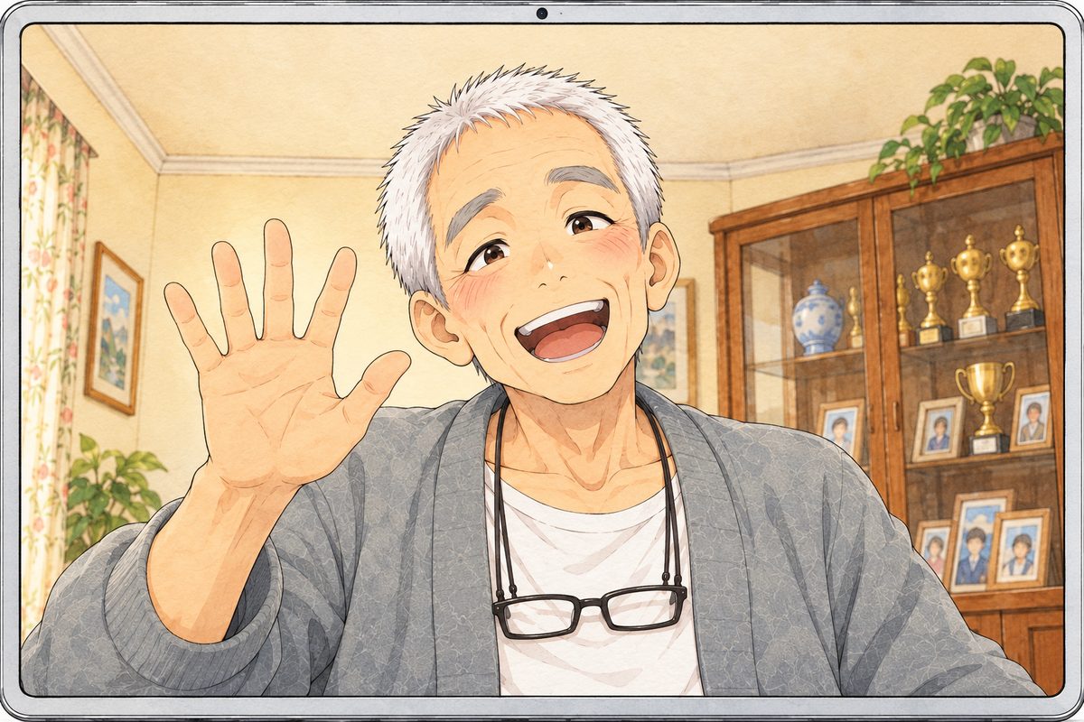On the tablet screen, Bridge City at 2.15 in the afternoon, warm gold light. Grandpa Chen, seen a little from below as Auntie Zhang's phone sees him, in his grey cardigan, glasses on their cord at his chest, waves one hand as he tells a story, eyes bright with mischief, mouth wide; his glass cabinet and the cream wall behind him. His face in the middle of the screen. The lower third of the screen is his cardigan and is the quiet area.