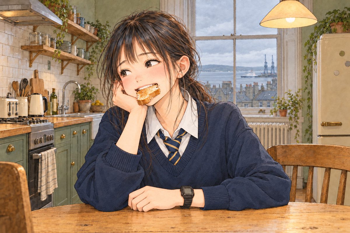 THIS PANEL IS IN EDINBURGH, SCOTLAND, NOT Bridge City: grey stone tenements and slate roofs by the grey North Sea, nothing Chinese outside the window. Edinburgh, grey early light from the window behind her, the warm lamp above. Xiaoyu laughs with a mouthful of toast, chin on her RIGHT hand, her black watch on her LEFT wrist on the table; she looks to the LEFT, at the tablet off panel. Her face in the middle of the panel. Her school jumper and the table below are the quiet area.