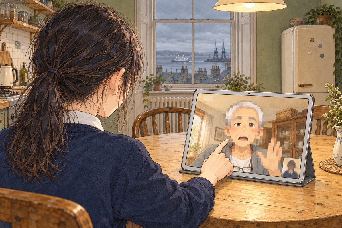 THIS PANEL IS IN EDINBURGH, SCOTLAND, NOT Bridge City: grey stone tenements and slate roofs by the grey North Sea, nothing Chinese outside the window. Edinburgh, grey early morning, lamplight on the table. Over Xiaoyu's shoulder (her ponytail and the back of her navy jumper at the bottom left, her face NOT seen), the tablet fills the middle of the panel. On its screen Grandpa's face has STOPPED halfway through a word, mouth open, one hand raised, and the picture has broken into a few big blurry squares of warm brown and cream, his eyes still just there. Xiaoyu's RIGHT forefinger touches the screen. The dim kitchen wall and the dark window above the tablet are the quiet area.