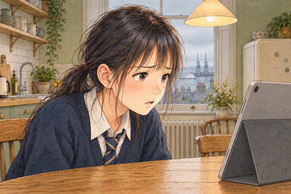 THIS PANEL IS IN EDINBURGH, SCOTLAND, NOT Bridge City: grey stone tenements and slate roofs by the grey North Sea, nothing Chinese outside the window. Edinburgh, grey early morning, lamplight. Xiaoyu leans in close, frightened, looking to the RIGHT at the tablet at the panel's right edge, her lips parted. Her face in the middle of the panel. Her shoulders below are the quiet area.