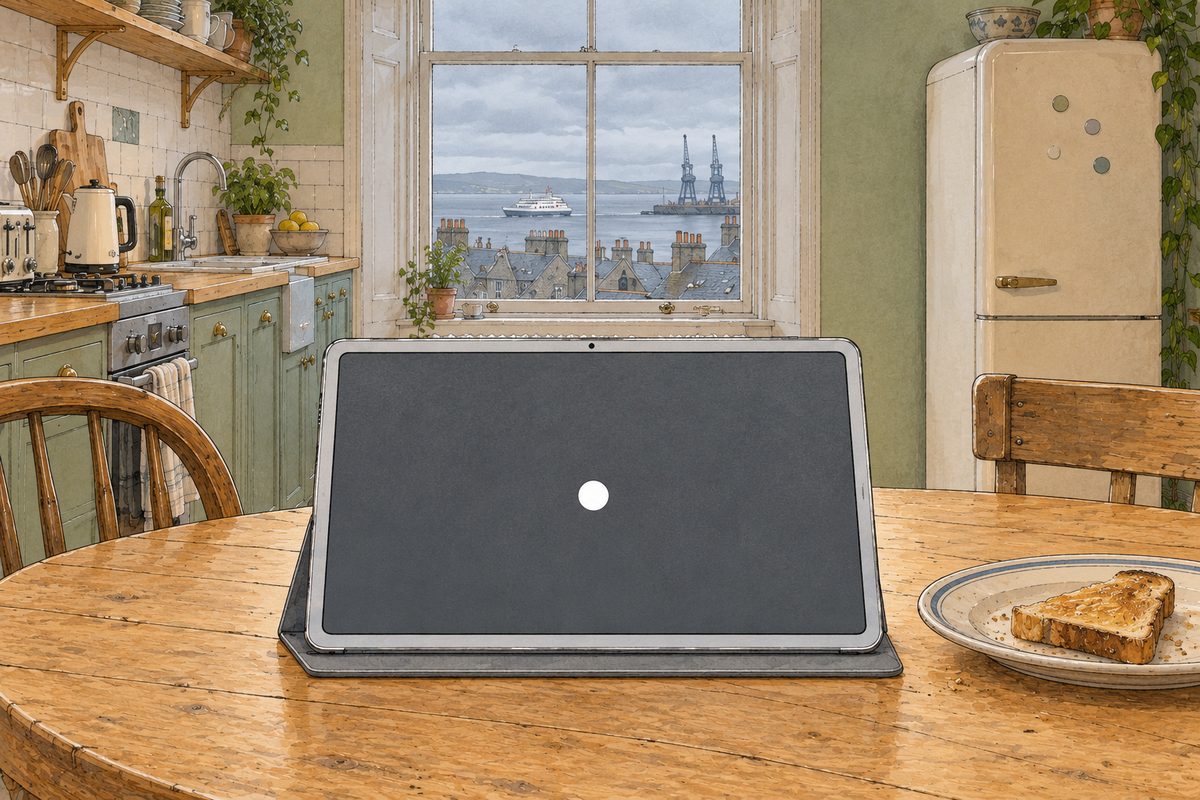 THIS PANEL IS IN EDINBURGH, SCOTLAND, NOT Bridge City: grey stone tenements and slate roofs by the grey North Sea, nothing Chinese outside the window. Edinburgh, grey early morning. The tablet in its grey cover on the round table, its screen now plain dark grey with one small round white symbol in the middle, NO letters; a crust of toast beside it on the plate. Still and empty.