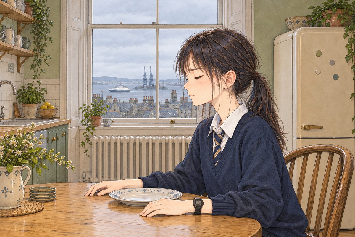THIS PANEL IS IN EDINBURGH, SCOTLAND, NOT Bridge City: grey stone tenements and slate roofs by the grey North Sea, nothing Chinese outside the window. Edinburgh, the grey morning brightening in the window over the sea behind her. Xiaoyu sits very still with her eyes SHUT, her hands flat on the table either side of her plate, listening hard to nothing. Her face in profile in the middle of the panel, turned to the LEFT. The grey sky in the window above her is the quiet area.