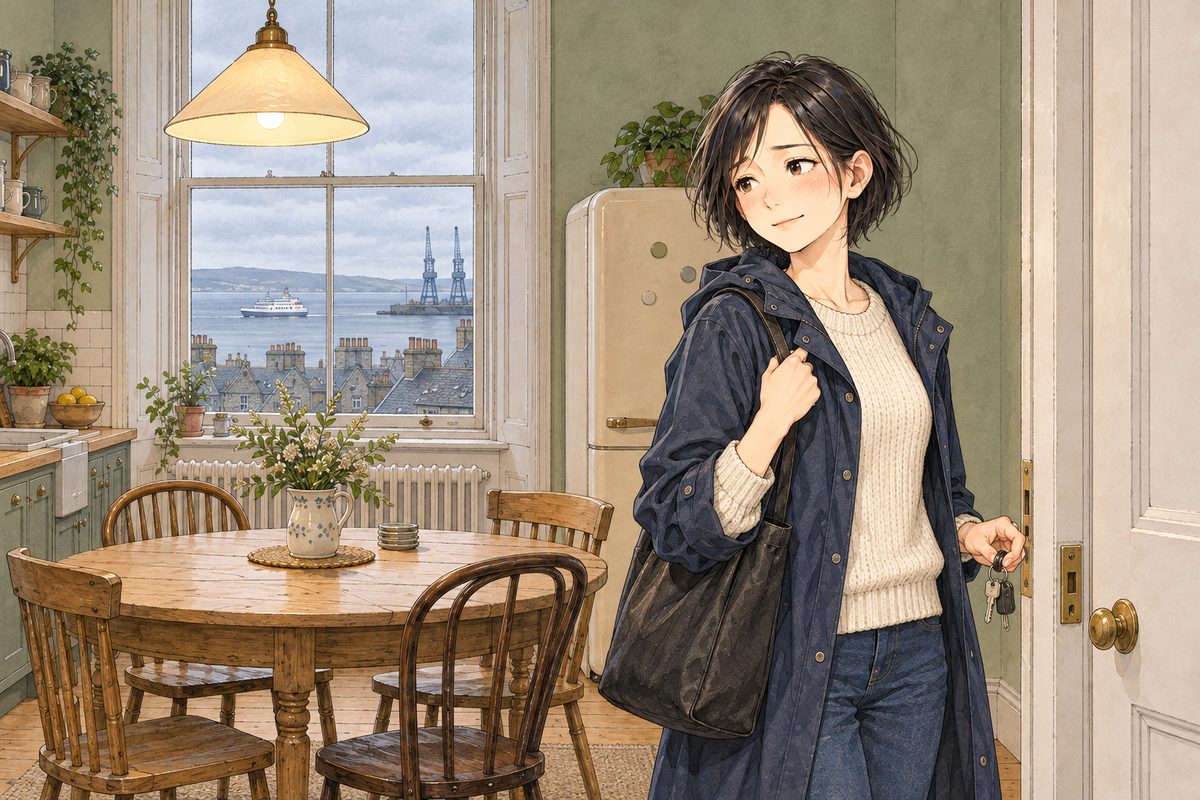THIS PANEL IS IN EDINBURGH, SCOTLAND, NOT Bridge City: grey stone tenements and slate roofs by the grey North Sea, nothing Chinese outside the window. Edinburgh, grey morning, the lamp still on. Mama in her long navy raincoat, her bag on her shoulder and her keys in one hand, stands at the hall door on the right of the kitchen and looks LEFT at Xiaoyu off panel, brisk but gentle. Her face in the middle of the panel. The plain wall above her is the quiet area.