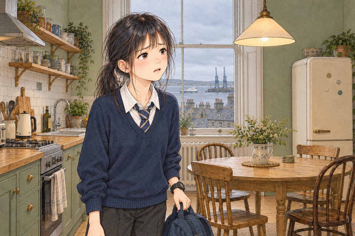 THIS PANEL IS IN EDINBURGH, SCOTLAND, NOT Bridge City: grey stone tenements and slate roofs by the grey North Sea, nothing Chinese outside the window. Edinburgh, grey morning. Xiaoyu has stood up from the table, her dark blue backpack in her LEFT hand, her black watch on that wrist, and looks RIGHT at Mama off panel, pleading. Her face in the middle of the panel. The window behind her above is the quiet area.