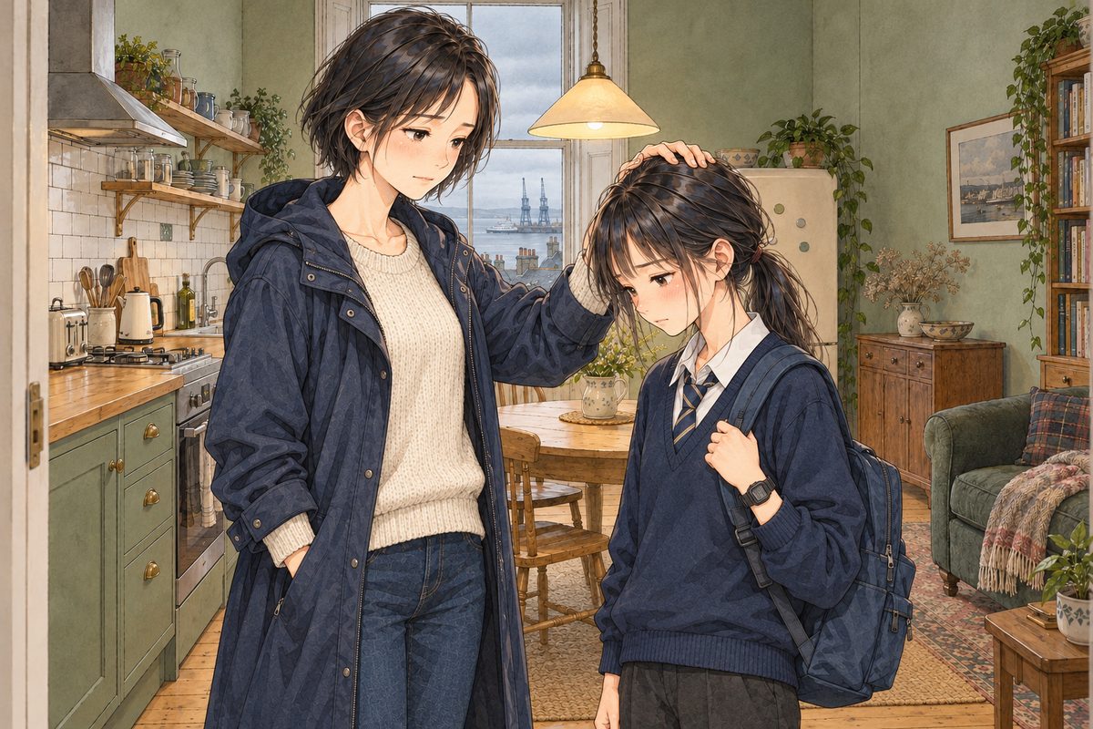 THIS PANEL IS IN EDINBURGH, SCOTLAND, NOT Bridge City: grey stone tenements and slate roofs by the grey North Sea, nothing Chinese outside the window. Edinburgh, grey morning, the lamp on behind them. At the kitchen door Mama, in her navy raincoat, rests one hand on Xiaoyu's head, tired and tender, looking down at her; Xiaoyu, in her uniform with her backpack on one shoulder, looks down at the floor. Two faces in the middle band of the panel. The tall plain door frame and wall above them are the quiet area.