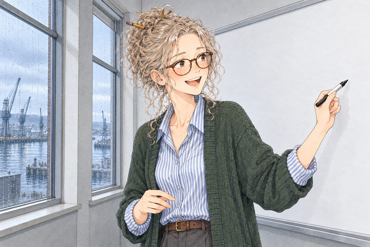 THIS PANEL IS IN EDINBURGH, SCOTLAND, NOT Bridge City: grey stone tenements and slate roofs by the grey North Sea, nothing Chinese outside the window. Mid-morning, grey rainy light from the windows on the left lighting one side of her face. Ms Rennie, marker in hand, turns from the board to look RIGHT at the class, delighted, peering over her round tortoiseshell glasses, the pencil stuck through her curly grey-blond hair. Her face in the middle of the panel. Her green cardigan below is the quiet area.