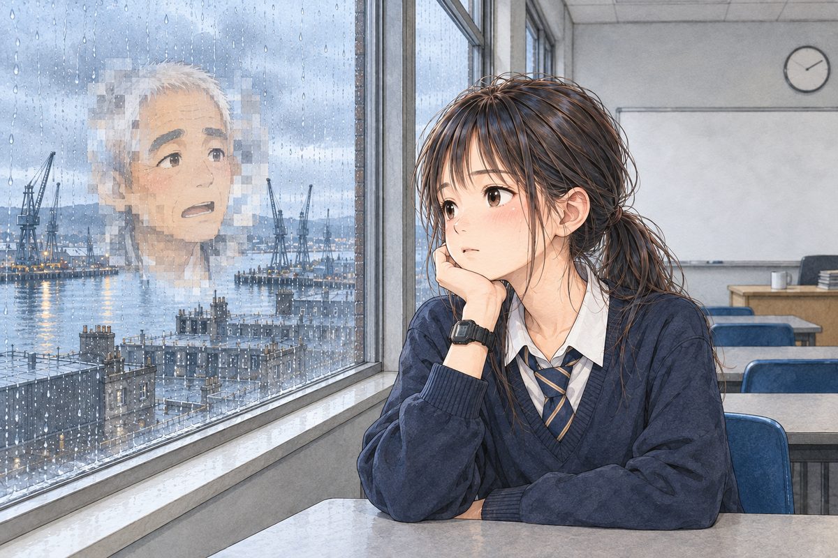 THIS PANEL IS IN EDINBURGH, SCOTLAND, NOT Bridge City: grey stone tenements and slate roofs by the grey North Sea, nothing Chinese outside the window. Mid-morning, rain on the window, grey harbour light on her face. Xiaoyu sits at her desk, chin on her LEFT hand, her black watch on that wrist, and looks out of the rainy window on the LEFT; in the glass, faint like a reflection, Grandpa's frozen face from the call, broken into big soft squares of warm brown and cream. Xiaoyu's face in the middle right of the panel, Grandpa's faint face in the middle left. The grey sky at the top of the window is the quiet area.