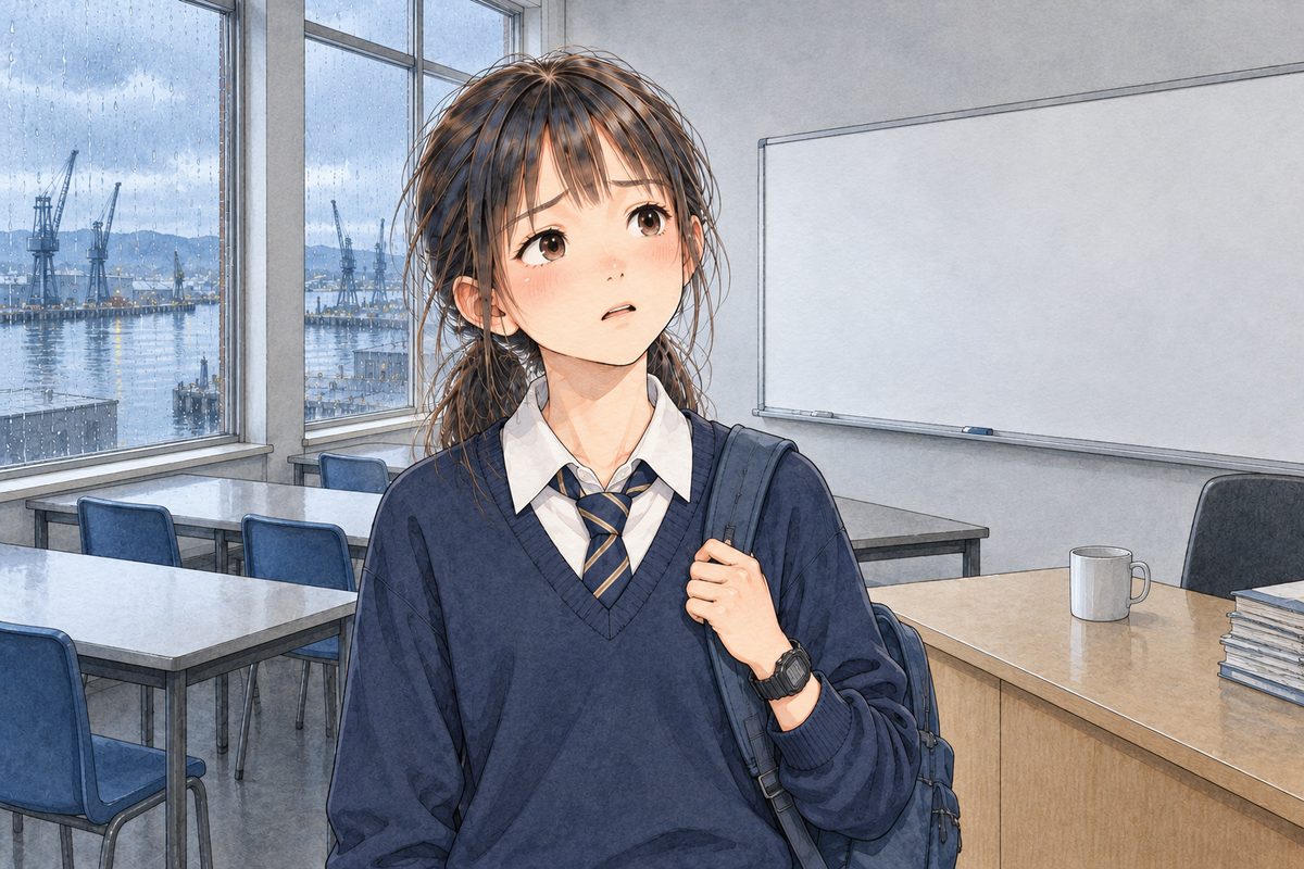 THIS PANEL IS IN EDINBURGH, SCOTLAND, NOT Bridge City: grey stone tenements and slate roofs by the grey North Sea, nothing Chinese outside the window. Late morning, the class gone, grey light from the rainy windows behind her. Xiaoyu stands at the front with her backpack on one shoulder and looks up and to the RIGHT at Ms Rennie off panel, a little shy, a little urgent. Her face in the middle of the panel. Her navy jumper below is the quiet area.