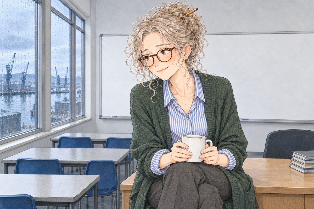 THIS PANEL IS IN EDINBURGH, SCOTLAND, NOT Bridge City: grey stone tenements and slate roofs by the grey North Sea, nothing Chinese outside the window. Late morning, grey rainy light. Ms Rennie sits on the edge of her desk with her white mug in both hands, looking down and to the LEFT at Xiaoyu, kind, with a dry little smile. Her face in the middle of the panel. Her cardigan and mug below are the quiet area.